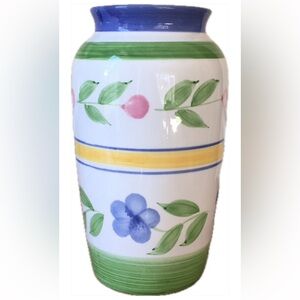 Ceramic Hand-painted VASE of blue & pink flowers. Yellow, blue & green stripes